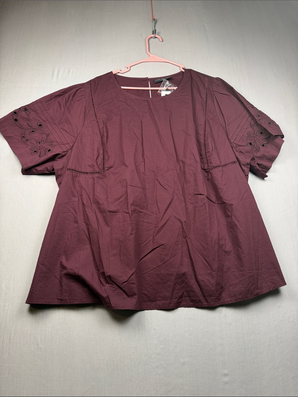 Lane Bryant Women's Short Sleeve Eyelet Sleeve Cotton Blouse- Burgundy